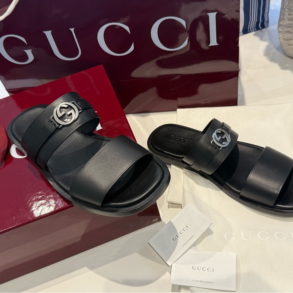 Gucci Black Leather Mens Slide Sandals w/ Silver Logo New with box and dust bags